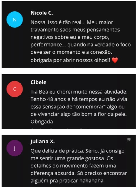 Comentários de alunas na área de membros