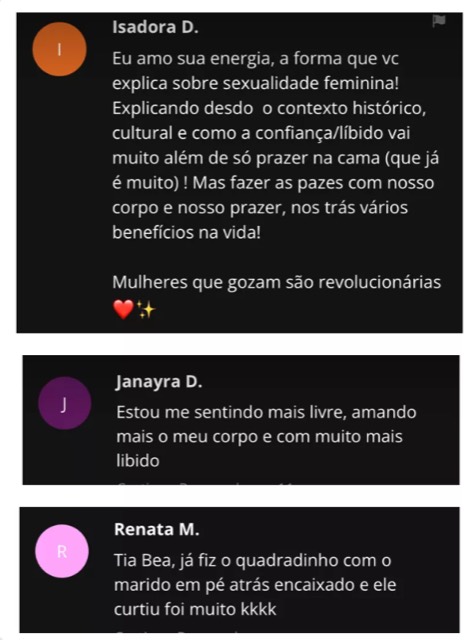 Comentários de alunas na área de membros